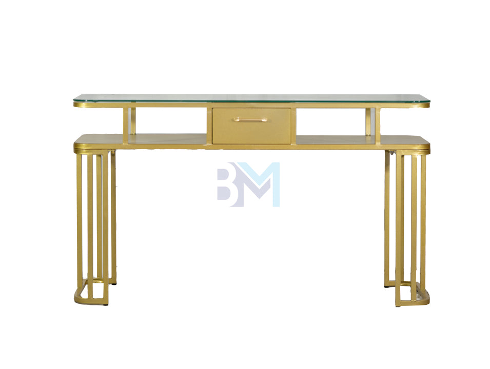 Mesa de manicura doble de metal dorado con cristal y cajonera