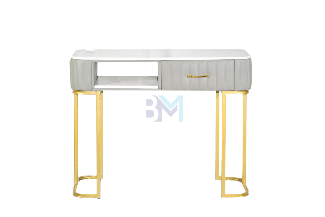 Individual manicure table in gray leatherette with marble-like stone and golden base