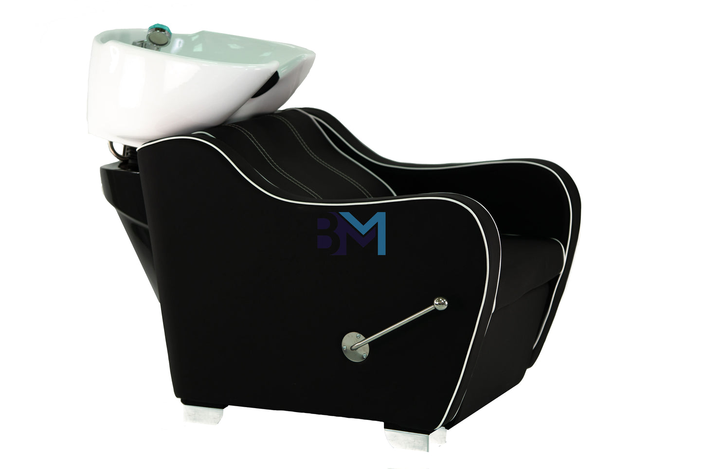 Black washbasin with delicate white lines and manual footrest