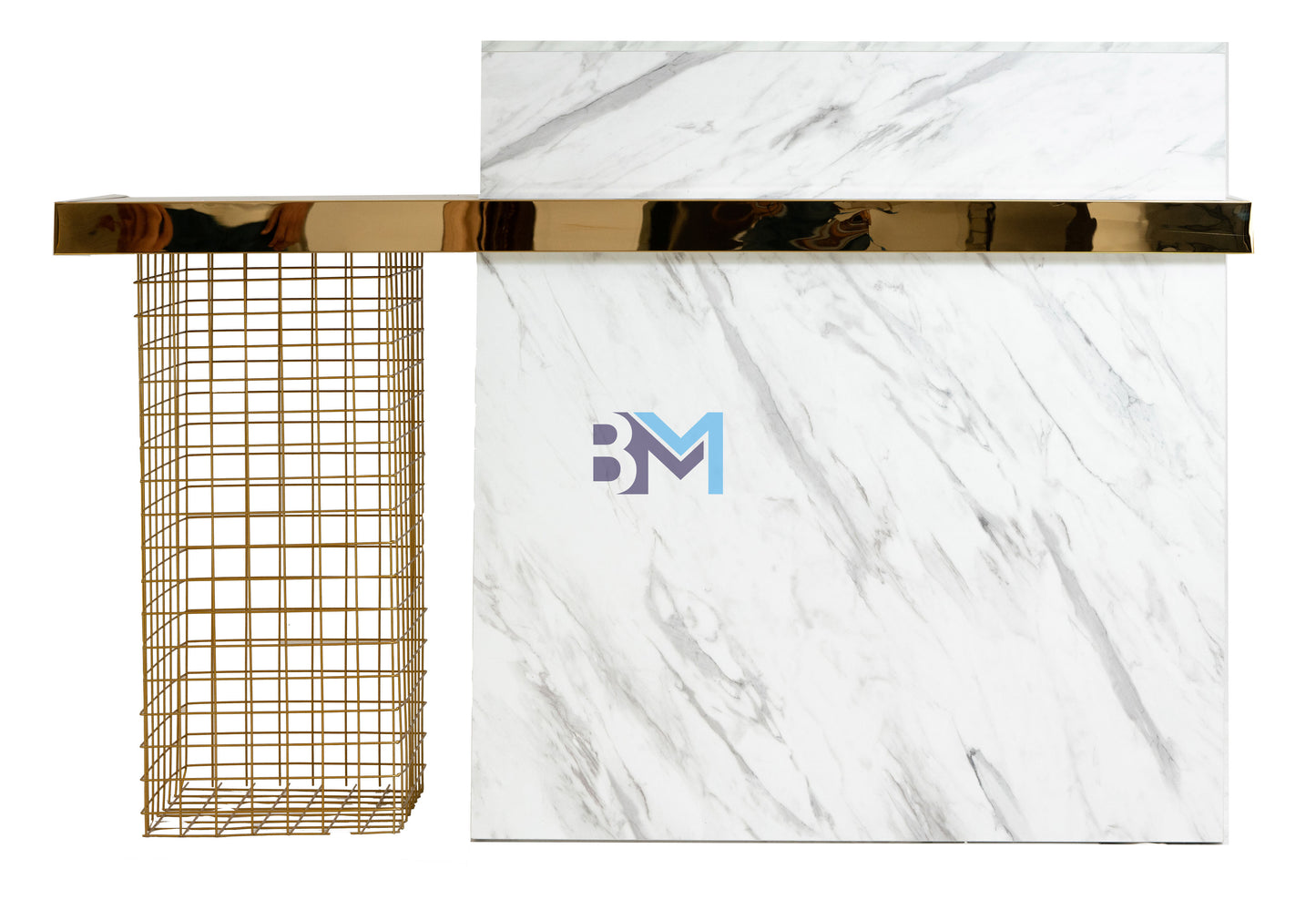 White and gray marble type reception desk with gold