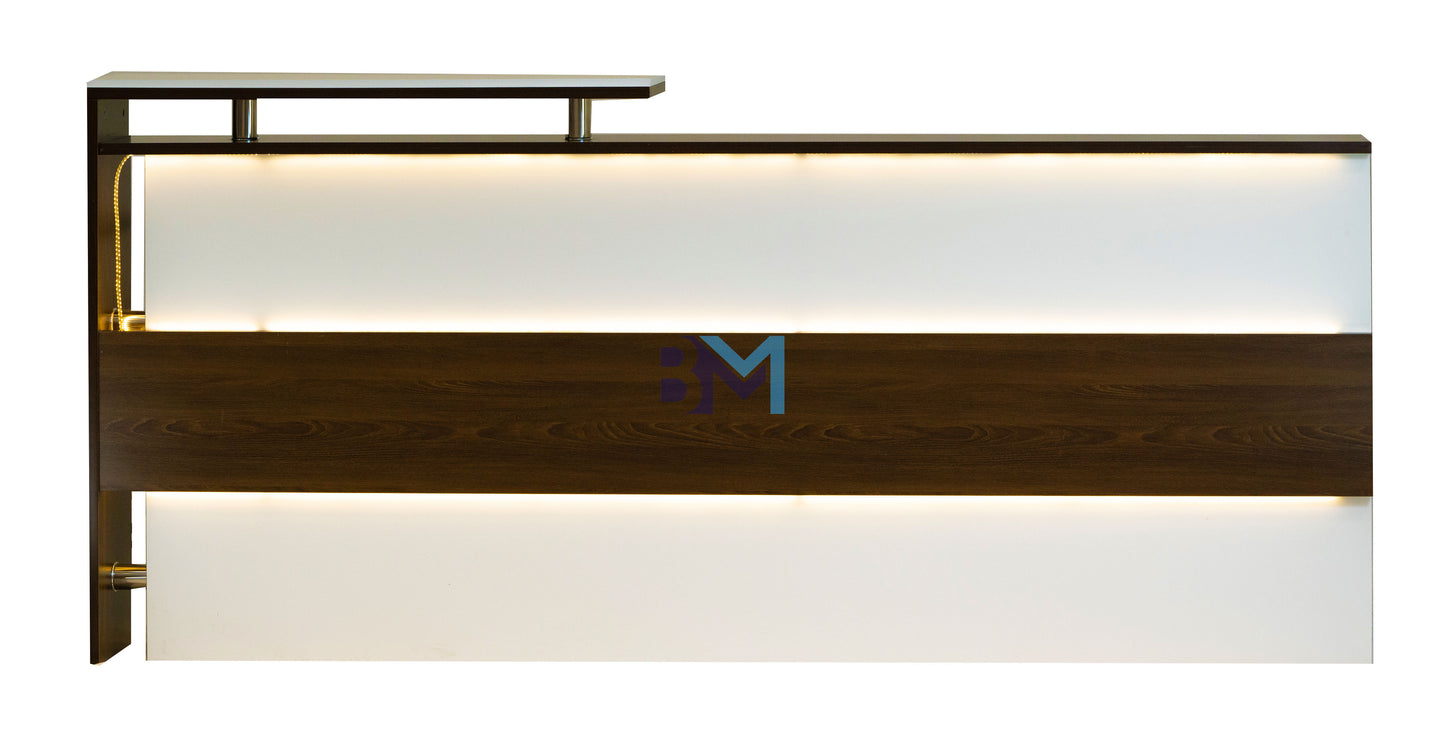White reception desk with wood and led light