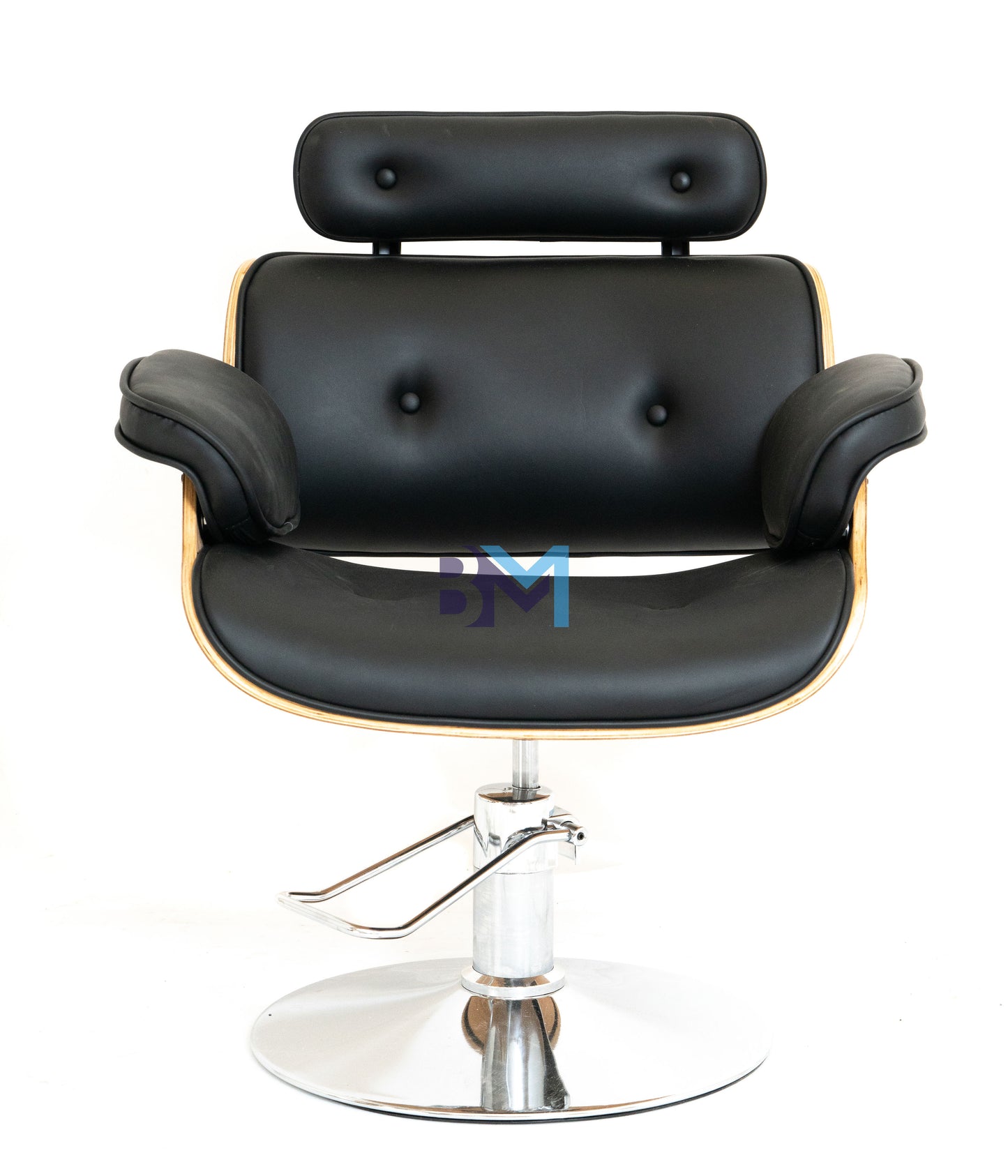Black barber chair with wooden base