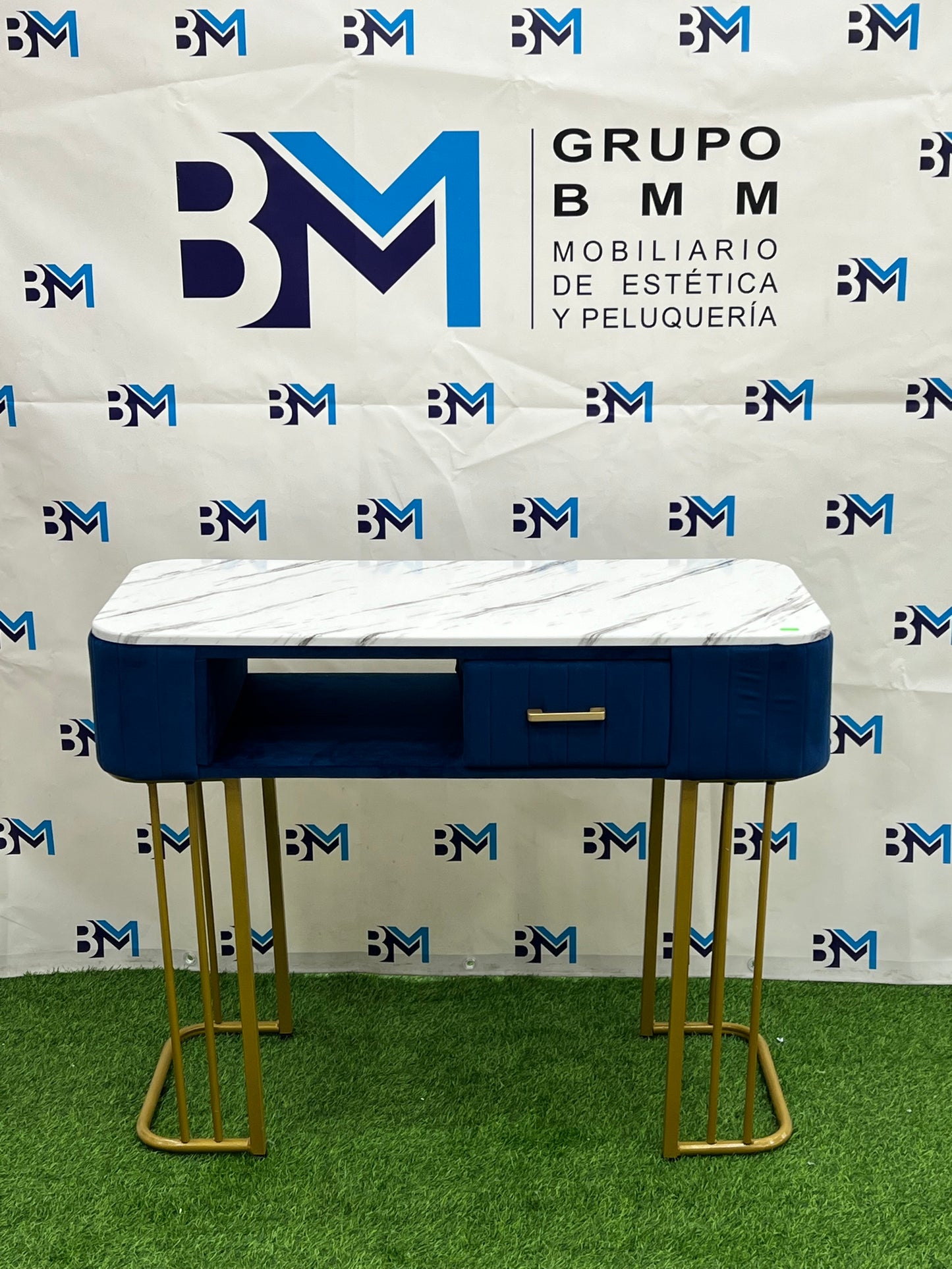 Blue Velvet Single Manicure Table with Gold Base and Marble Top