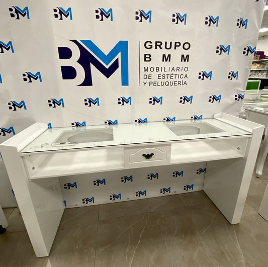 Double manicure table in white wood with drawers and glass